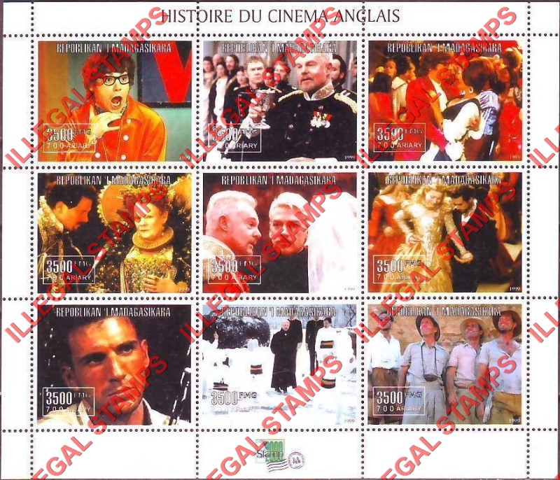 Madagascar 1999 History of English Cinema Illegal Stamp Sheetlet of Nine