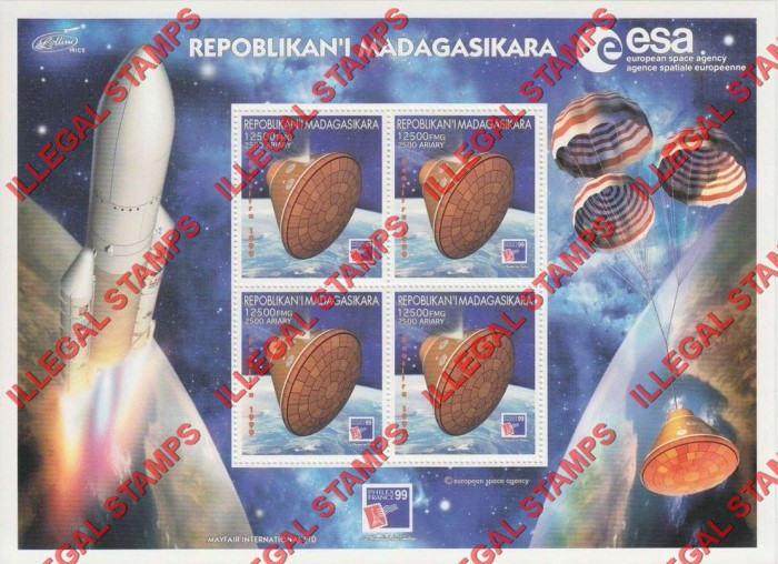 Madagascar 1999 European Space Agency PHILEX '99 Illegal Stamp Souvenir Sheet of Four