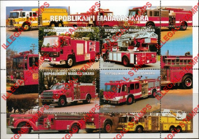 Madagascar 1999 Fire Engines Illegal Stamp Souvenir Sheet of Four