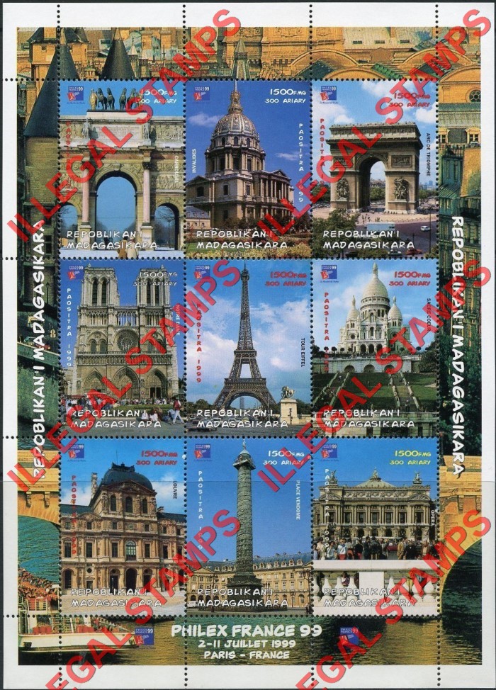 Madagascar 1999 French Architecture PHILEX '99 Illegal Stamp Sheetlet of Nine