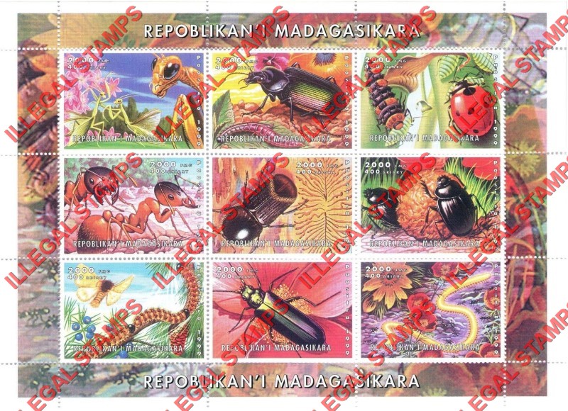 Madagascar 1999 Insects Illegal Stamp Sheetlet of Nine