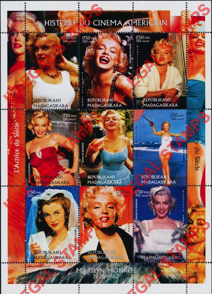 Madagascar 1999 History of American Cinema Marilyn Monroe Illegal Stamp Sheetlet of Nine