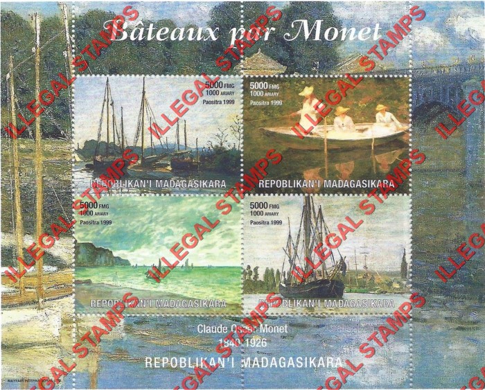 Madagascar 1999 Claude Monet Paintings Illegal Stamp Souvenir Sheet of Four