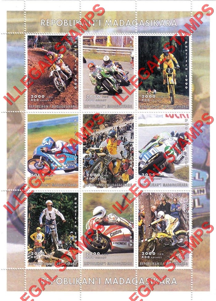 Madagascar 1999 Motorcycle Sports Illegal Stamp Sheetlet of Nine