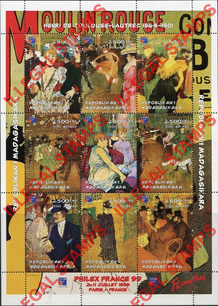 Madagascar 1999 Moulin Rouge Paintings PHILEX '99 Illegal Stamp Sheetlet of Nine