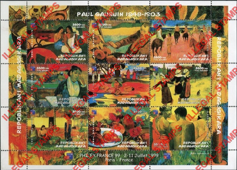 Madagascar 1999 Paul Gauguin Paintings PHILEX '99 Illegal Stamp Sheetlet of Nine