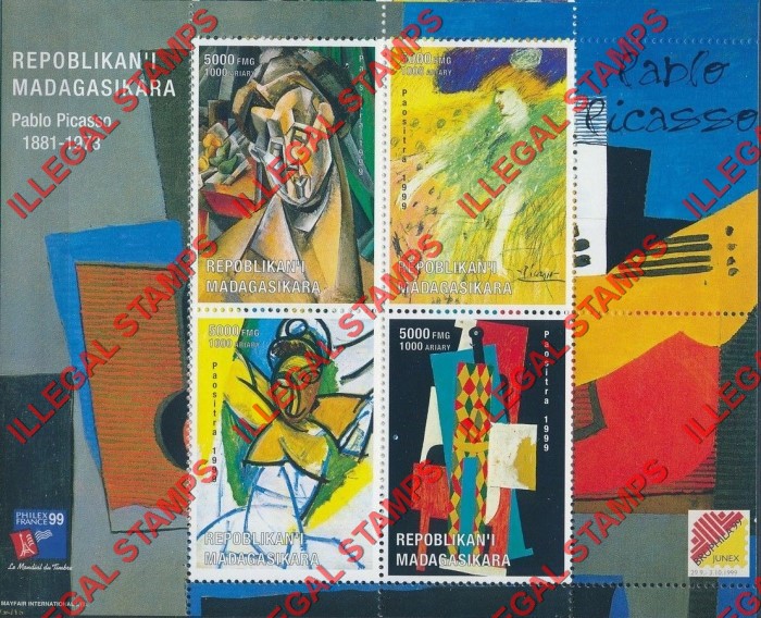 Madagascar 1999 Picasso Paintings Illegal Stamp Souvenir Sheet of Four