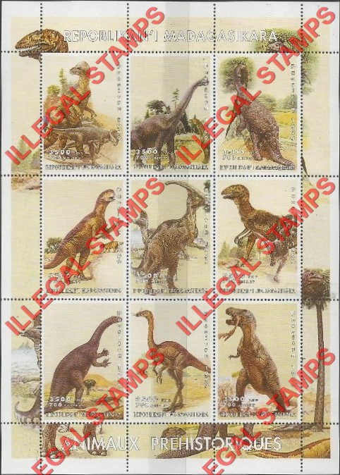 Madagascar 1999 Prehistoric Animals Illegal Stamp Sheetlet of Nine