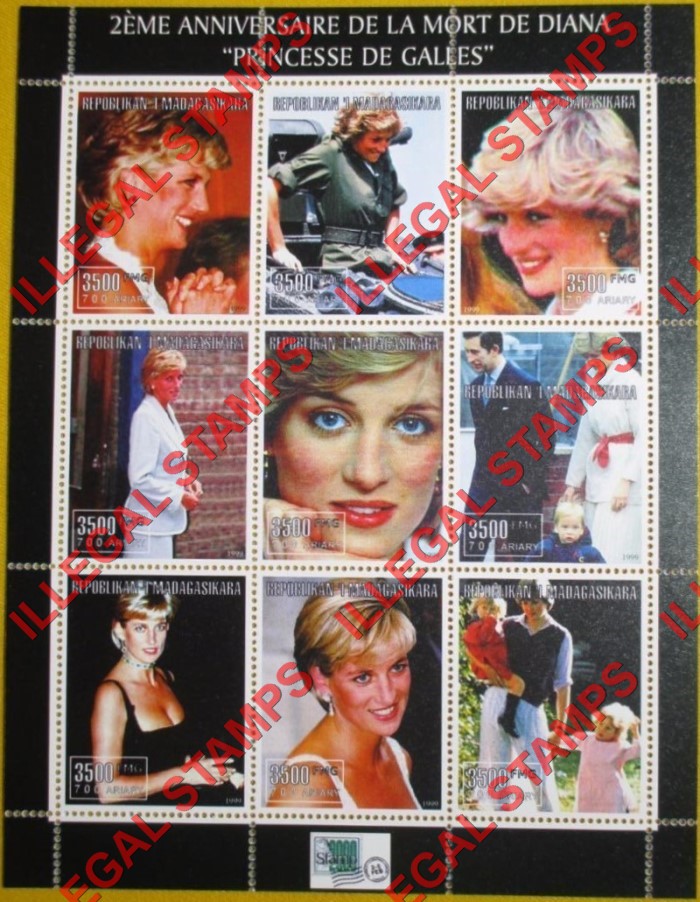 Madagascar 1999 2nd Anniversary of the Death of Princess Diana Illegal Stamp Sheetlet of Nine