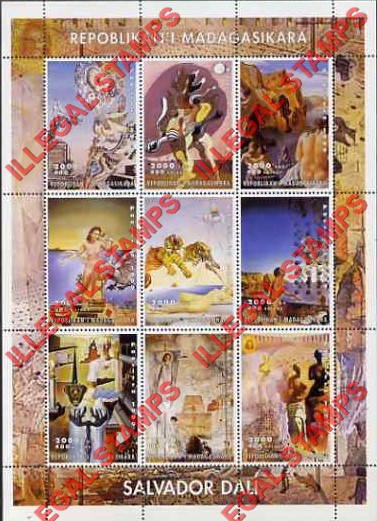 Madagascar 1999 Salvador Dali Paintings Illegal Stamp Sheetlet of Nine