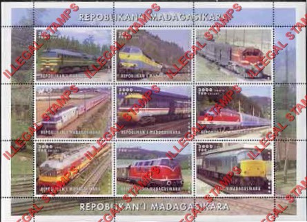 Madagascar 1999 Trains Illegal Stamp Sheetlet of Nine