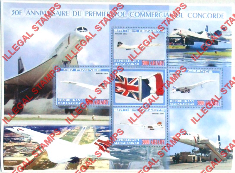 Madagascar 2006 Concorde Illegal Stamp Souvenir Sheetlet of four plus label