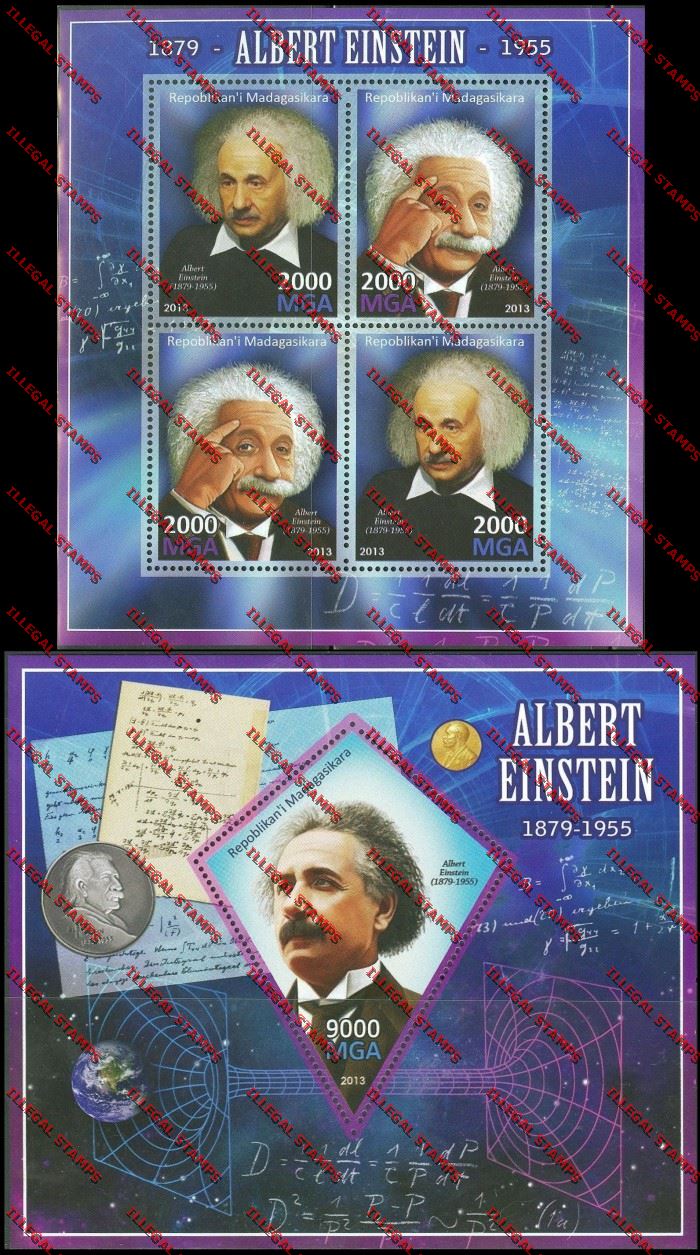 Madagascar 2013 Albert Einstein Illegal Stamp Souvenir Sheet and Sheetlet