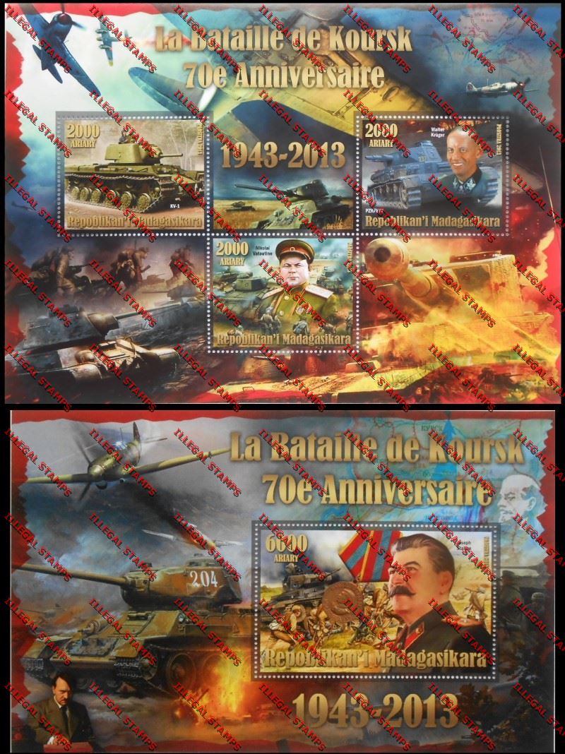 Madagascar 2013 70th Anniversary of the Battle of Koursk Illegal Stamp Souvenir Sheetlet of Three and Souvenir Sheet