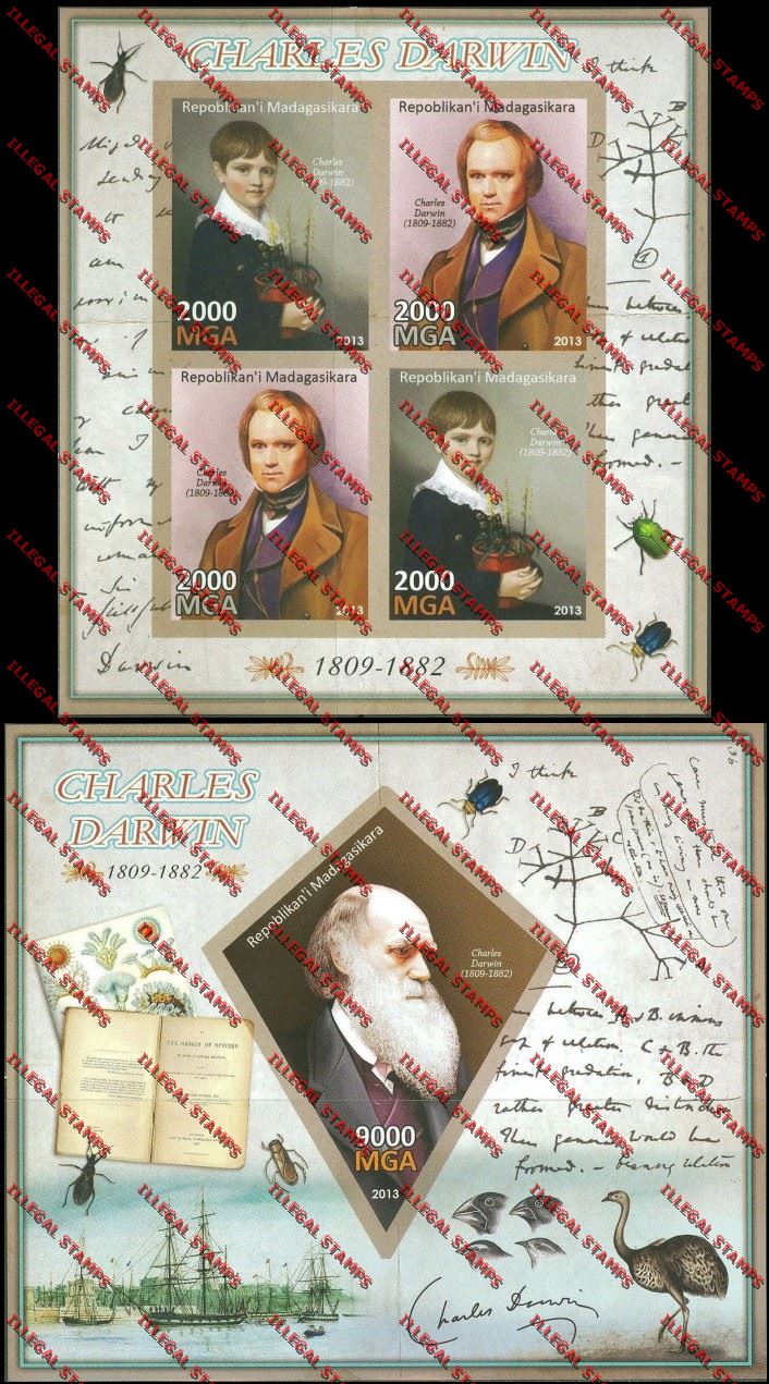 Madagascar 2013 Charles Darwin Illegal Stamp Souvenir Sheet and Sheetlet