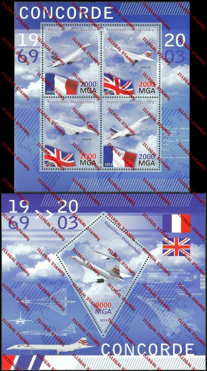 Madagascar 2013 Concorde Illegal Stamp Souvenir Sheet and Sheetlet