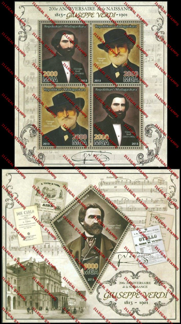 Madagascar 2013 Giuseppe Verdi Illegal Stamp Souvenir Sheet and Sheetlet