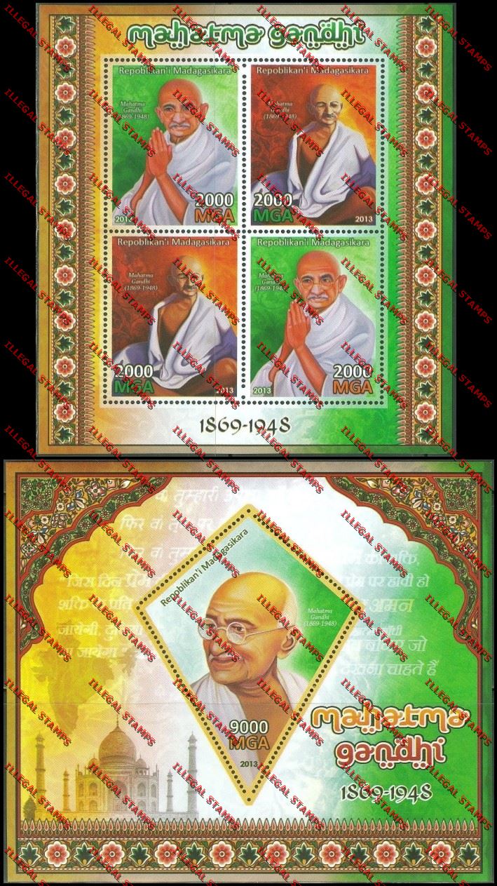 Madagascar 2013 Mahatma Ghandi Illegal Stamp Souvenir Sheet and Sheetlet