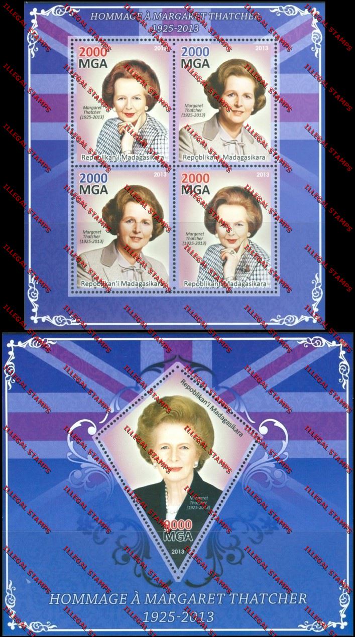 Madagascar 2013 Margaret Thatcher Illegal Stamp Souvenir Sheet and Sheetlet