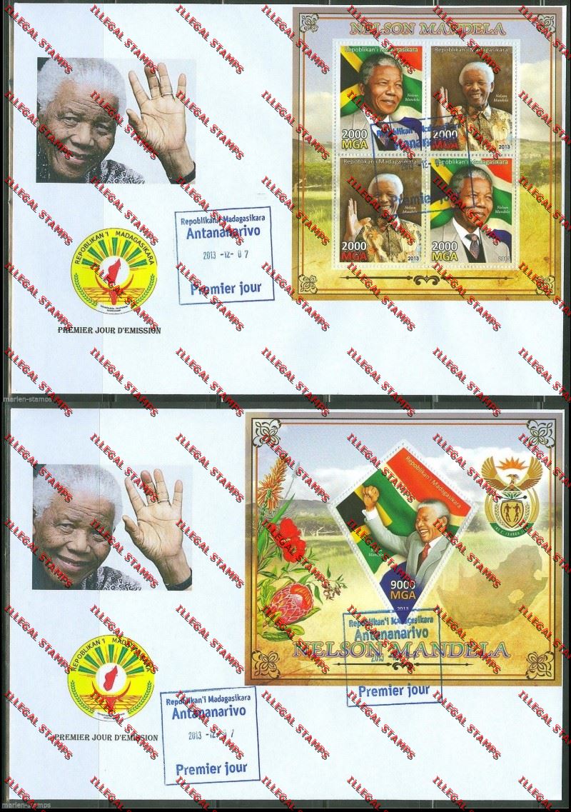 Madagascar 2013 Nelson Mandela Illegal Stamp Souvenir Sheet and Sheetlet on Fake FDC's