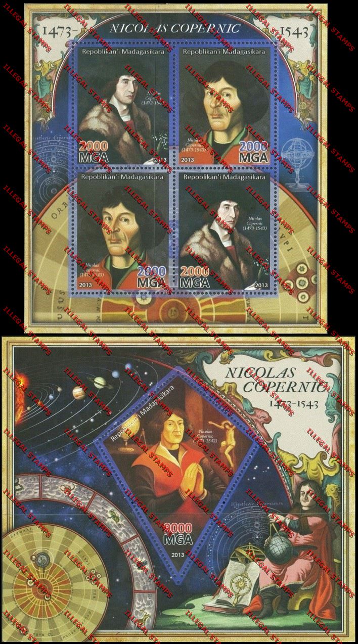 Madagascar 2013 Nicolas Copernicus Illegal Stamp Souvenir Sheet and Sheetlet