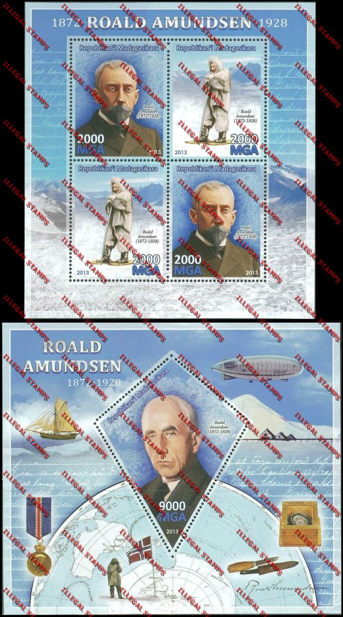 Madagascar 2013 Roald Amundsen Illegal Stamp Souvenir Sheet and Sheetlet