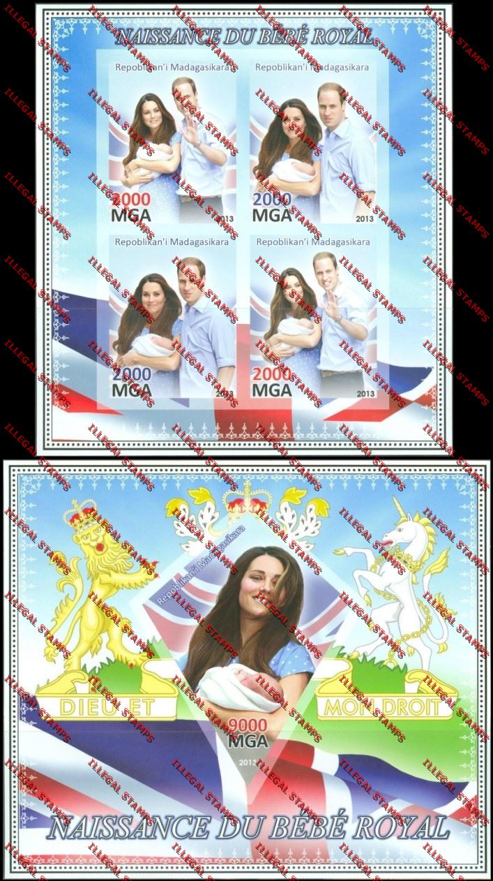 Madagascar 2013 Birth of the Royal Baby Illegal Stamp Souvenir Sheet and Sheetlet