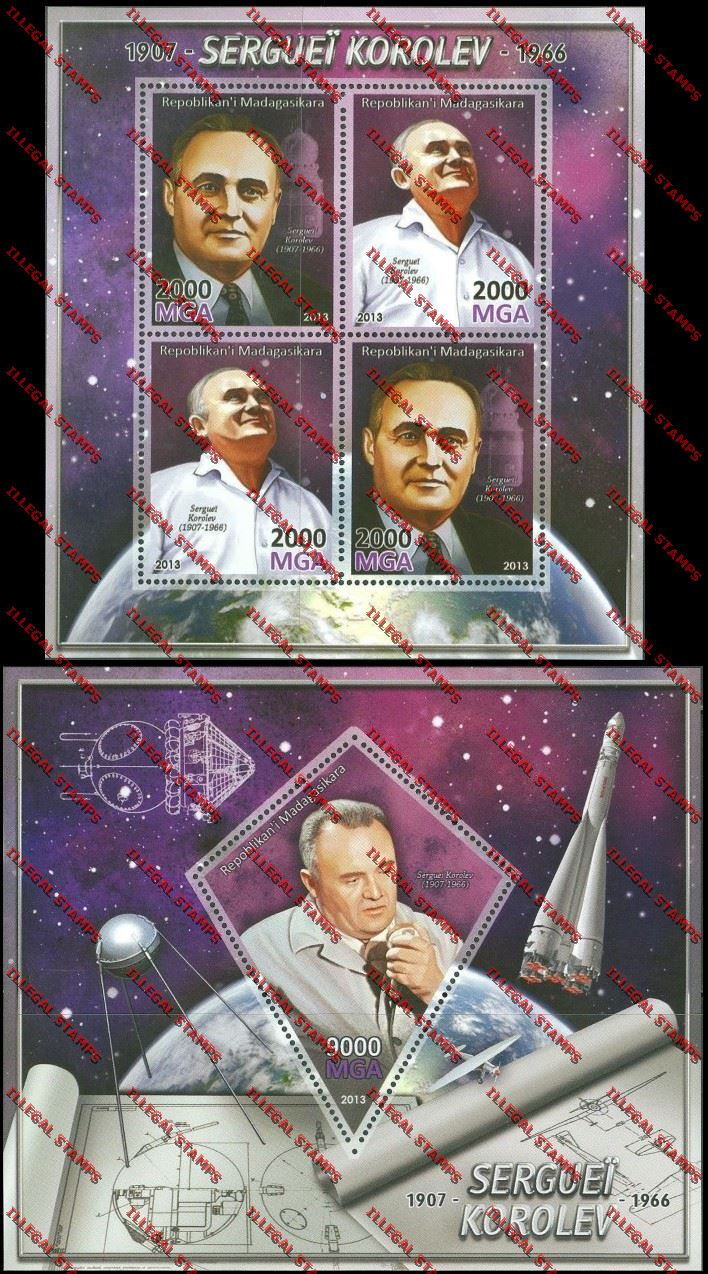 Madagascar 2013 Sergey Korolev Illegal Stamp Souvenir Sheet and Sheetlet