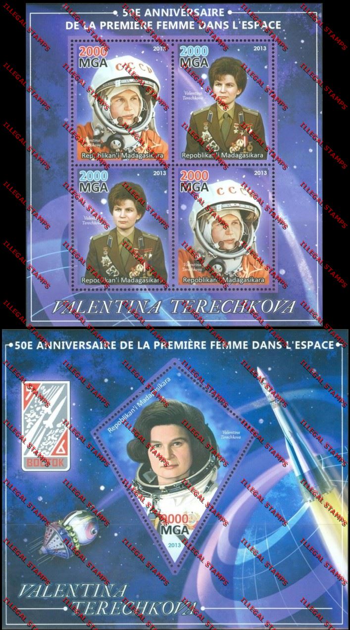 Madagascar 2013 Valentina Terechkova Illegal Stamp Souvenir Sheet and Sheetlet