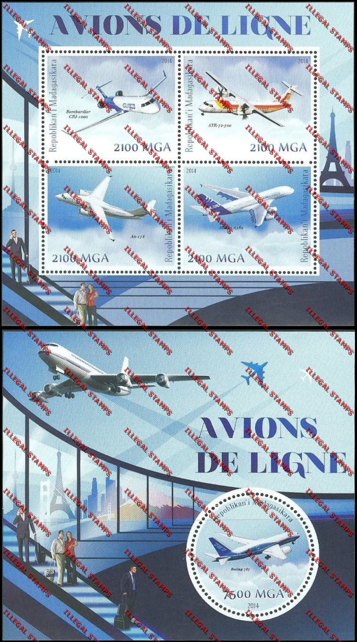 Madagascar 2014 Airliners Illegal Stamp Souvenir Sheet and Sheetlet