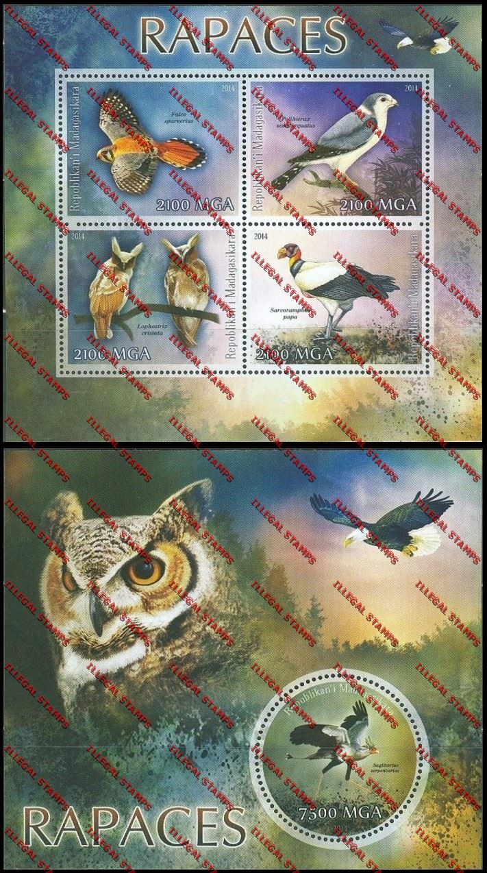 Madagascar 2014 Birds of Prey Illegal Stamp Souvenir Sheet and Sheetlet