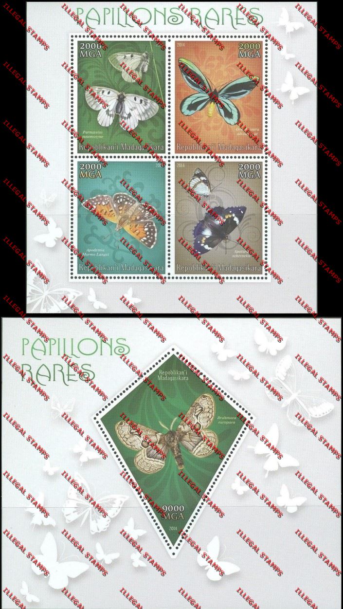 Madagascar 2014 Butterflies Illegal Stamp Souvenir Sheet and Sheetlet