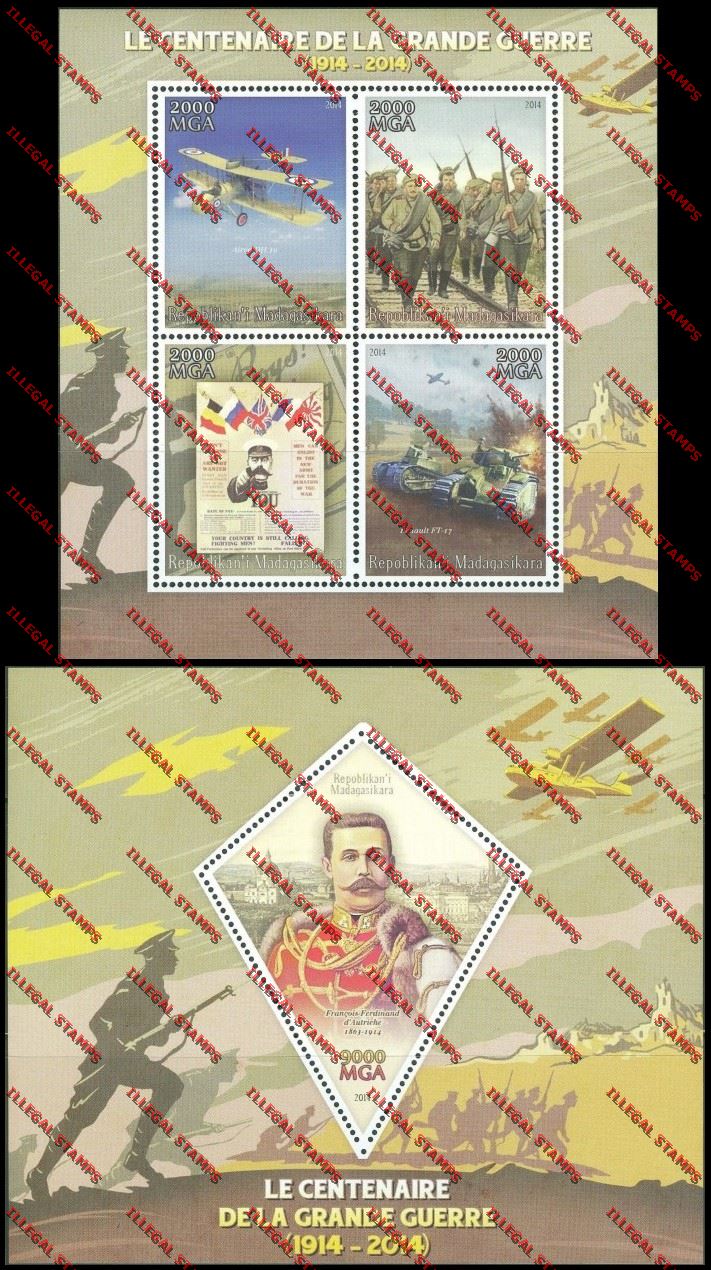 Madagascar 2014 Centenary of World War I Illegal Stamp Souvenir Sheet and Sheetlet