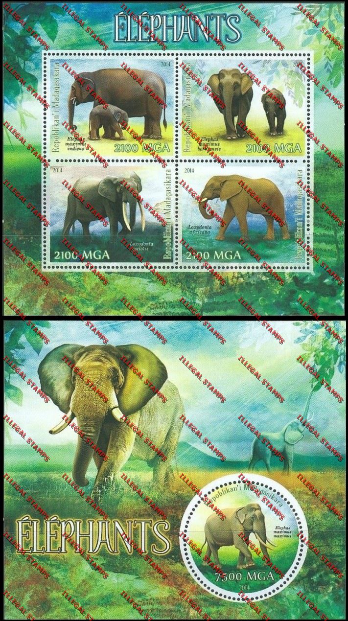 Madagascar 2014 Elephants Illegal Stamp Souvenir Sheet and Sheetlet