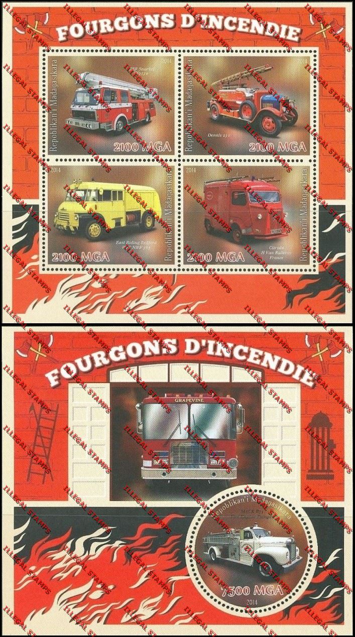 Madagascar 2014 Fire Engines Illegal Stamp Souvenir Sheet and Sheetlet