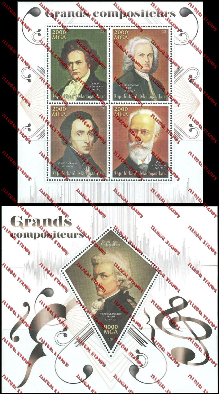 Madagascar 2014 Great Composers Illegal Stamp Souvenir Sheet and Sheetlet