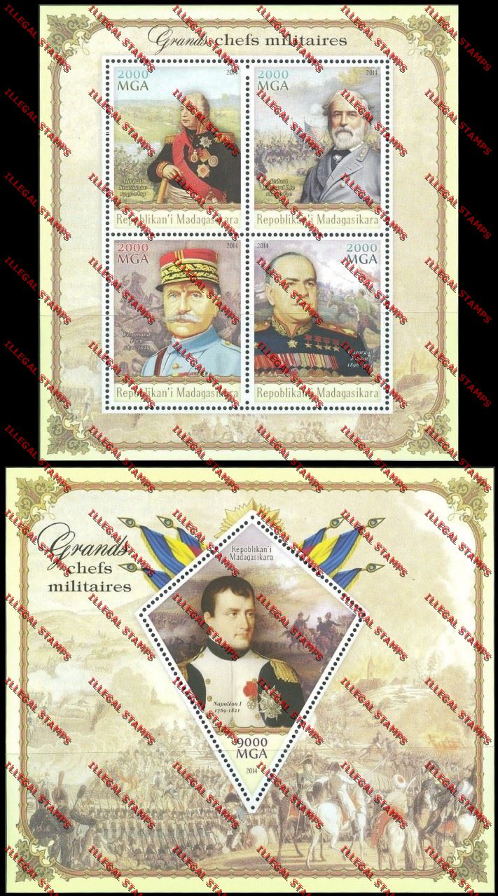 Madagascar 2014 Great Military Leaders Illegal Stamp Souvenir Sheet and Sheetlet