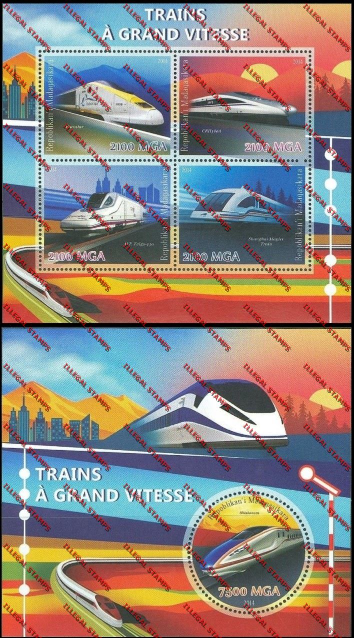 Madagascar 2014 High-speed Trains Illegal Stamp Souvenir Sheet and Sheetlet