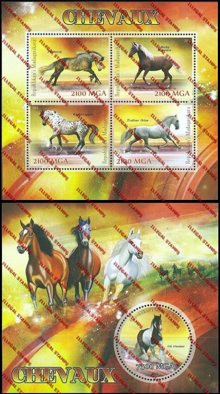 Madagascar 2014 Horses Illegal Stamp Souvenir Sheet and Sheetlet