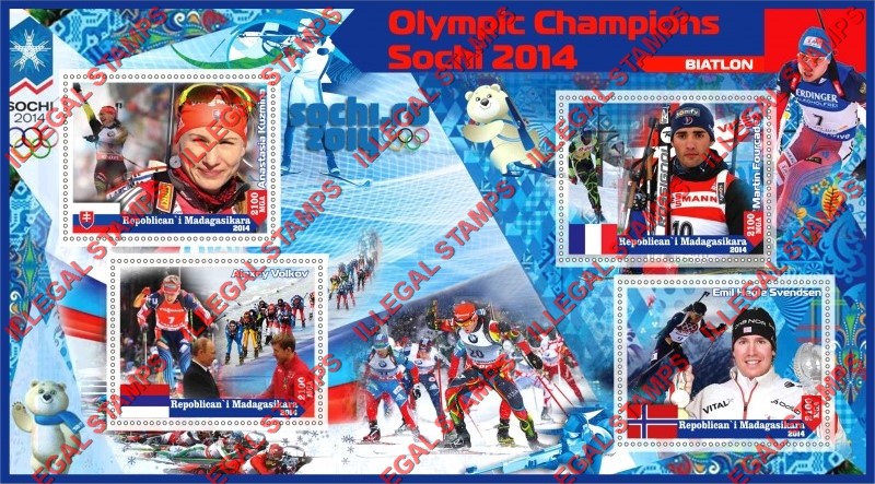 Madagascar 2014 Olympic Champions Biathlon (spelled Biatlon) Illegal Stamp Souvenir Sheet of 4