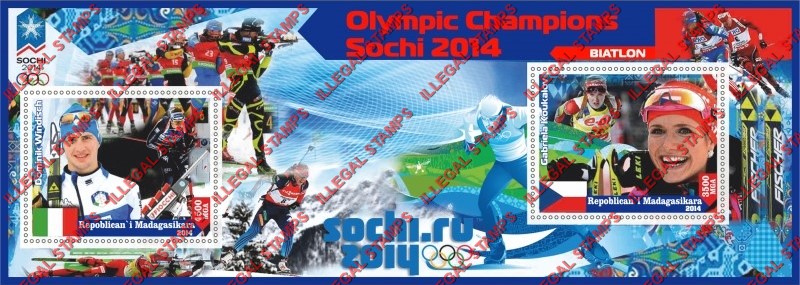 Madagascar 2014 Olympic Champions Biathlon (spelled Biatlon) Illegal Stamp Souvenir Sheet of 2