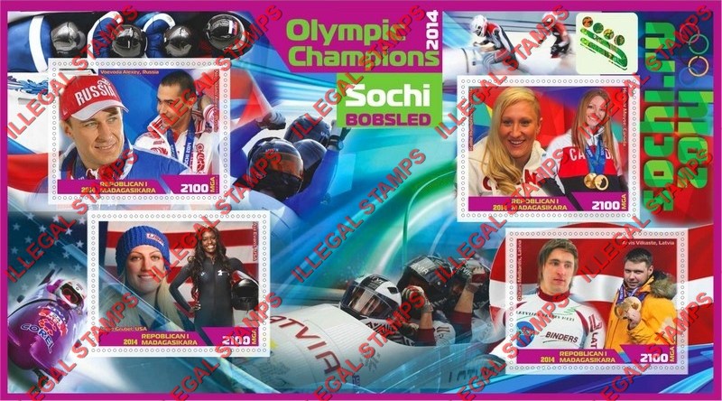 Madagascar 2014 Olympic Champions Bobsled Illegal Stamp Souvenir Sheet of 4