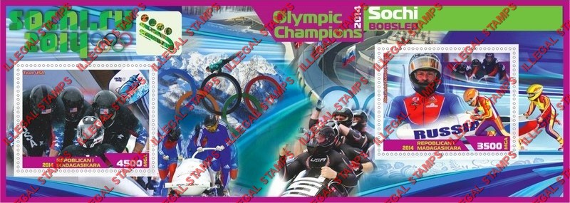 Madagascar 2014 Olympic Champions Bobsled Illegal Stamp Souvenir Sheet of 2