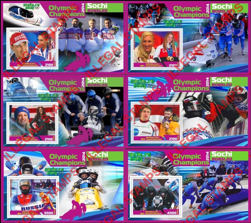 Madagascar 2014 Olympic Champions Bobsled Illegal Stamp Souvenir Sheets of 1