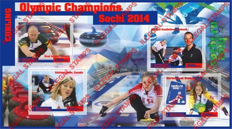 Madagascar 2014 Olympic Champions Curling Illegal Stamp Souvenir Sheet of 4