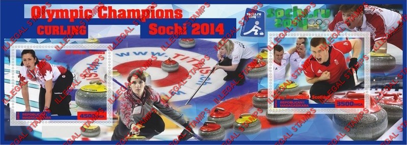 Madagascar 2014 Olympic Champions Curling Illegal Stamp Souvenir Sheet of 2