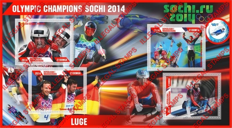 Madagascar 2014 Olympic Champions Luge Illegal Stamp Souvenir Sheet of 4