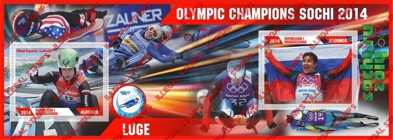 Madagascar 2014 Olympic Champions Luge Illegal Stamp Souvenir Sheet of 2