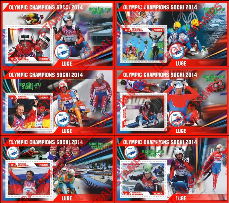 Madagascar 2014 Olympic Champions Luge Illegal Stamp Souvenir Sheets of 1