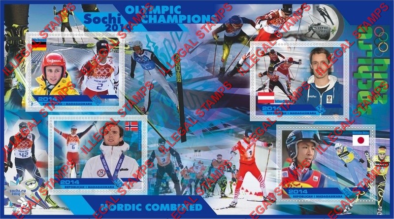 Madagascar 2014 Olympic Champions Nordic Combined Illegal Stamp Souvenir Sheet of 4